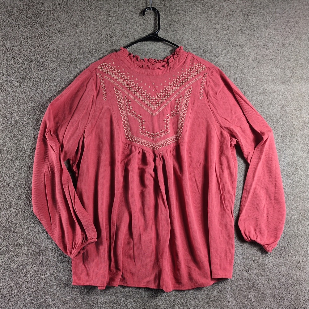TORRID 1 Coral Embroidered Ruffle Neck Long‎ Sleeve Peasant Blouse Women 1